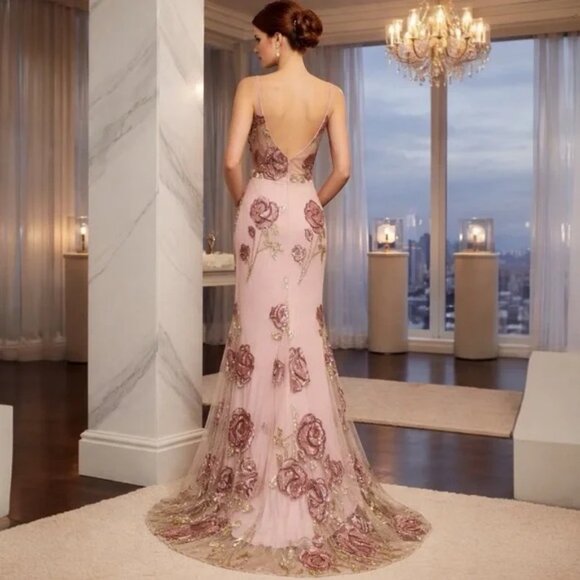 Morgan & Co 10134 Pink Gown with Floral Sequin Mesh Overlay Prom Gown Size 7 NWT - Picture 2 of 8